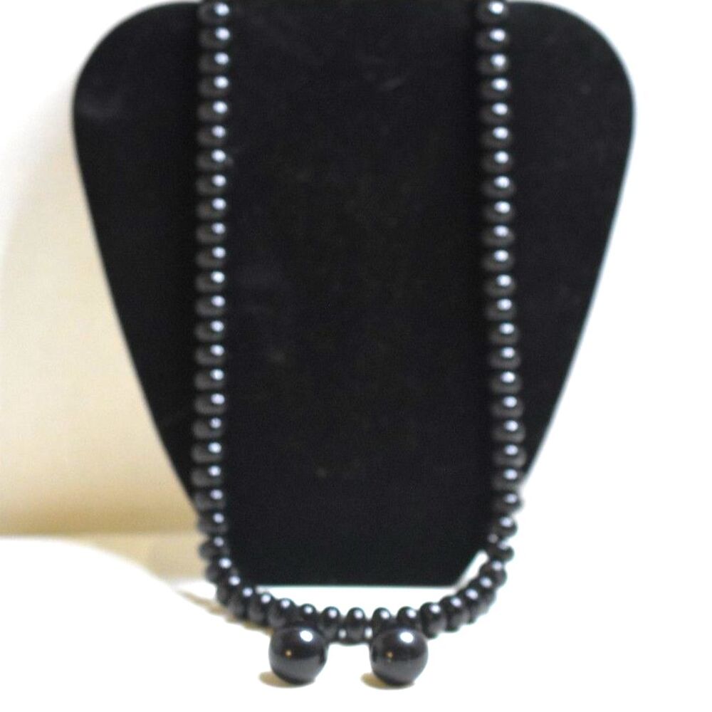 Vtg Simple Glossy Black Round Stud Earrings 24" Beaded Boho Cottage Necklace